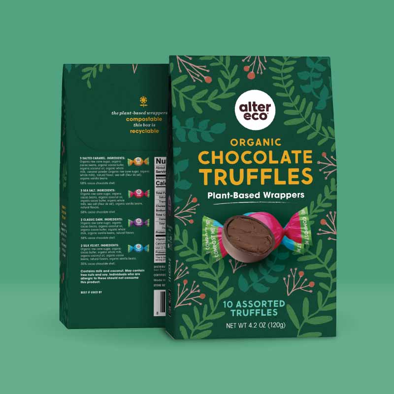Image showing the front and back of the Alter Eco holiday truffle gable box on a teal background. The box is dark green with illustrated leaves and fronds on it, surrounding the words "Organic Chocolate Truffles".