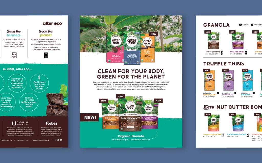 Images of 3 pages of an Alter Eco sell sheet on a dark blue background. The center image reads "Clean for your body, green for the planet" and shows chocolate bars and granola bags.