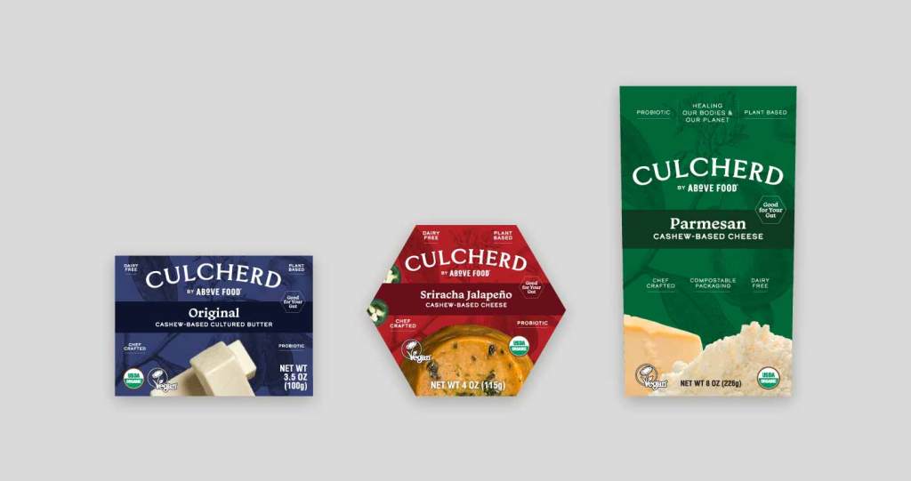 Image of initial studies showing a butter, cheese, and shreds front panel artwork. This concept shows a full color background (blue on the butter, red on the cheese, green on the shreds) with a horizontal color bar behind the flavor name and subtle line illustrations in the background.