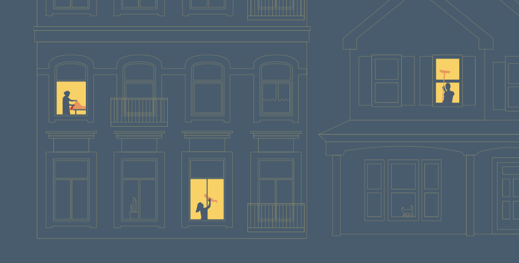 Image of a thin yellow line illustration on a dark blue background. The illustration shows an outlined apartment building and an outline two story house next to each other. 3 of the windows are highlighted yellow showing the silhouette of one person cleaning a fabric with a red spray bottle, the silhouette of one person lifting a baby in the air, and the silhouette of one person cleaning the window.