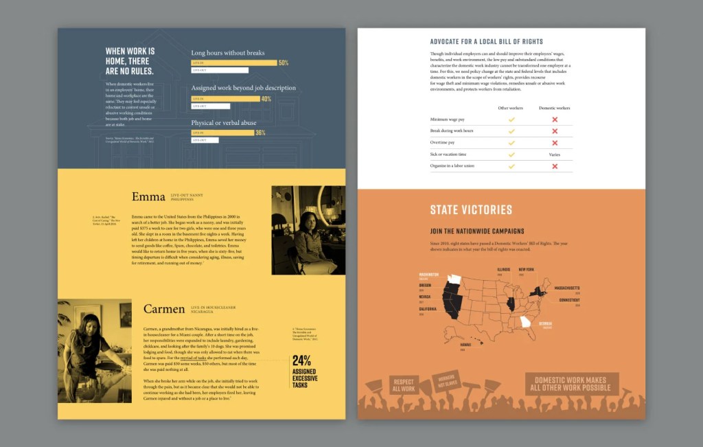Image of two webpages on a gray background. The left page shows a headline that reads "When work is home, there are no rules" and a section below that shows stories from domestic workers. The right page shows a map of the US with state victories of passing a domestic workers bill of rights.