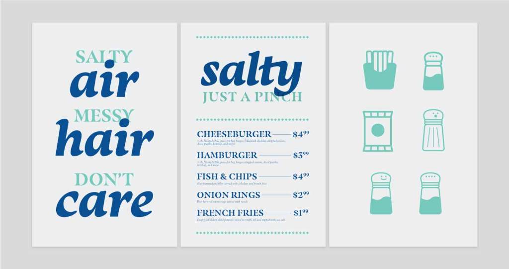 Image of 3 posters on a light gray background. The left poster reads "salty air, messy hair, don't care", the middle poster reads "salty, just a pinch" with a food menu below it, and the right poster shows 6 illustrations: a carton of french fries, a packet of chips, and 4 variations of salt shakers.